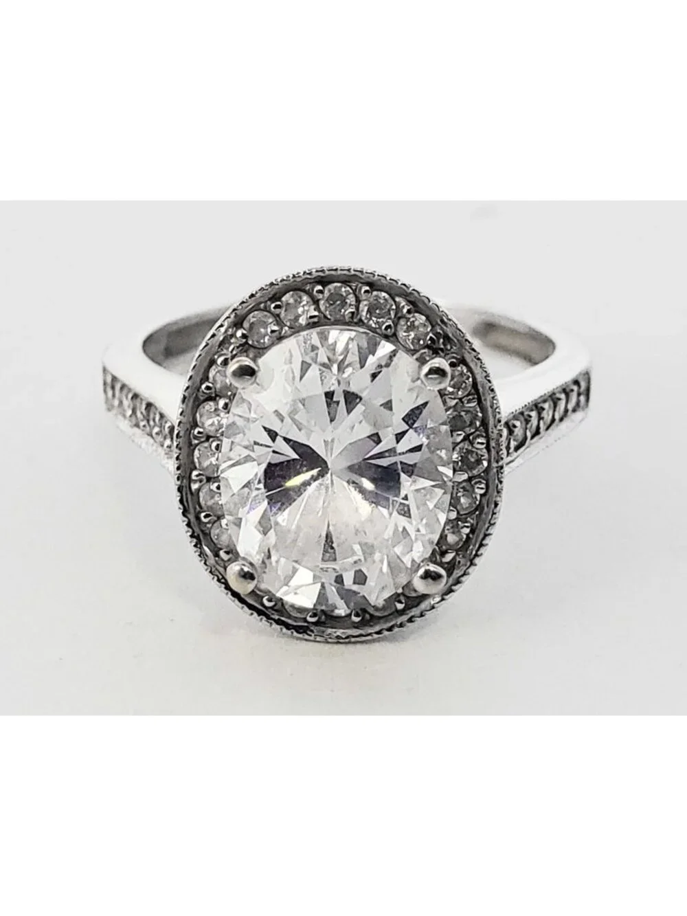 Oval CZ Halo Ring with Accents 14k White Gold Size 6